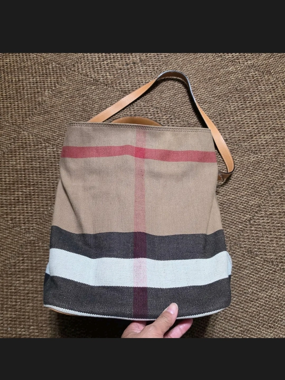 Burberry Canvas Bucket Tote in Tan, Brown & Red Stripe